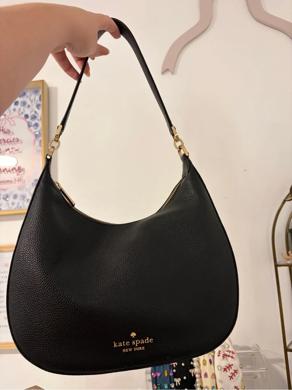 kate spade Black Pebbled Leather Crescent Shoulder Bag with Gold Hardware - Picture 2 of 2